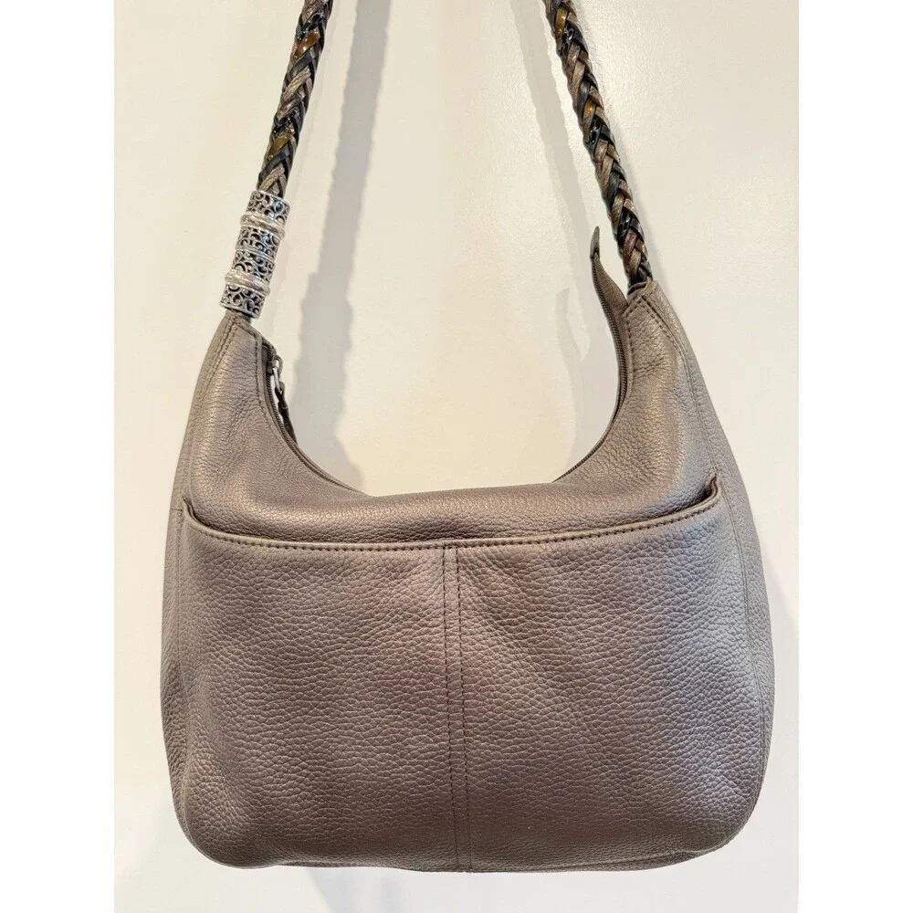 Brighton Pewter Gray Leather Ziptop Hobo Bag Braided Strap Heart Charm Tassel